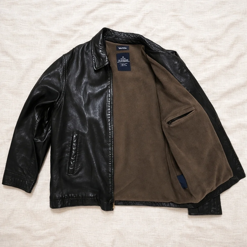 Vintage Y2K NAUTICA Genuine Leather Jacket Mens 44 Black Soft Leather Zip Front